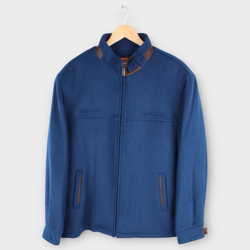 ENZO Men's Wool Blend Zip Jacket Blue XL Italian Style Lined Full Zip Coat